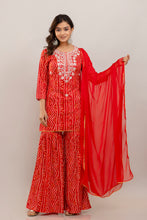 Load image into Gallery viewer, Bandhani Embroidered Rayon Red Sharara Set