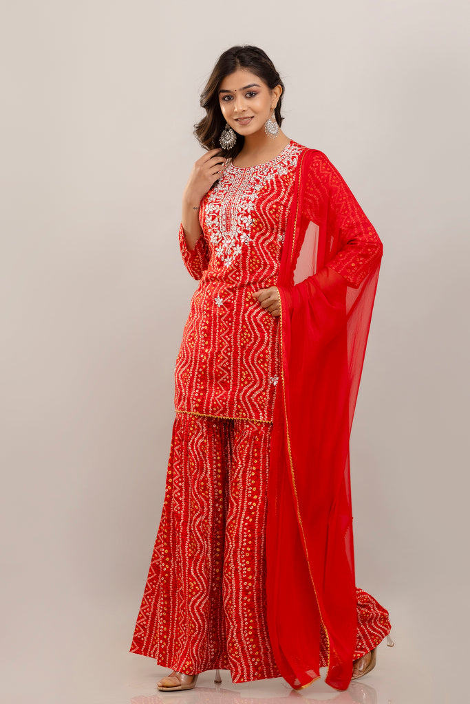 Bandhani Embroidered Rayon Red Sharara Set