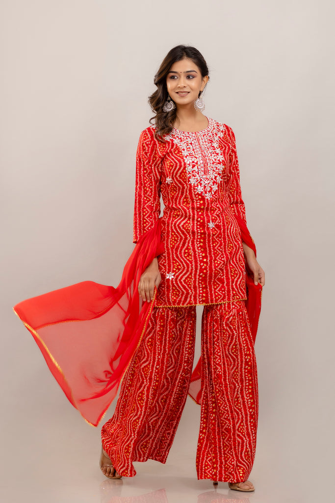 Bandhani Embroidered Rayon Red Sharara Set