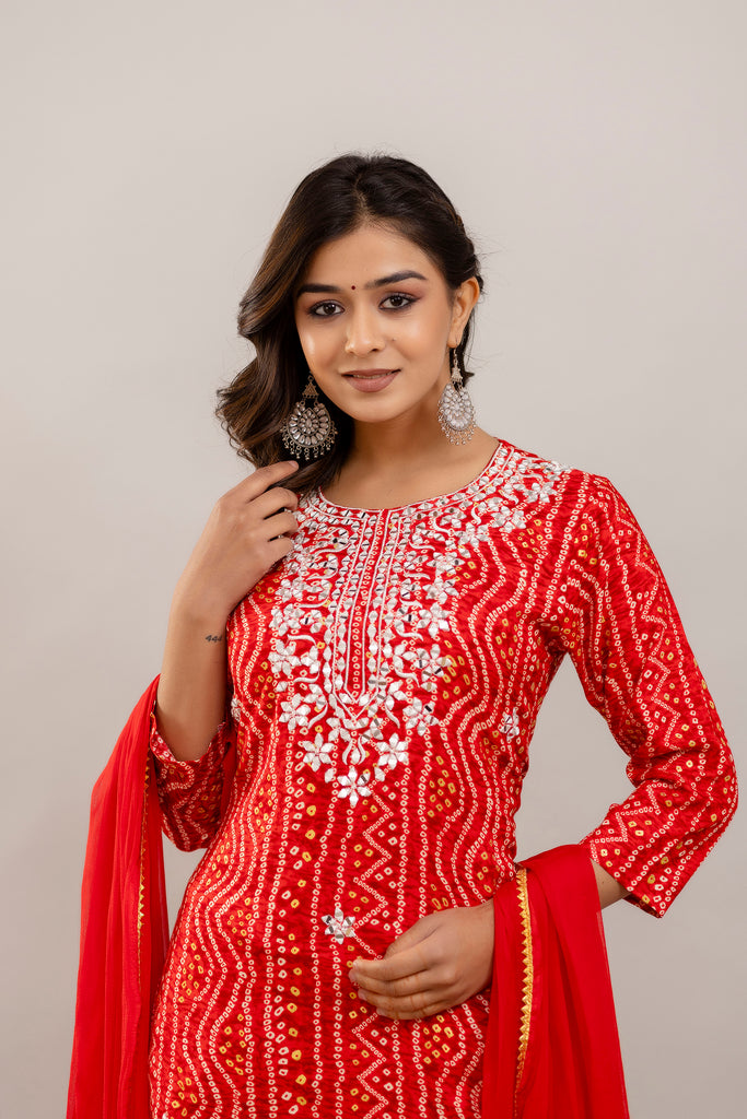 Bandhani Embroidered Rayon Red Sharara Set