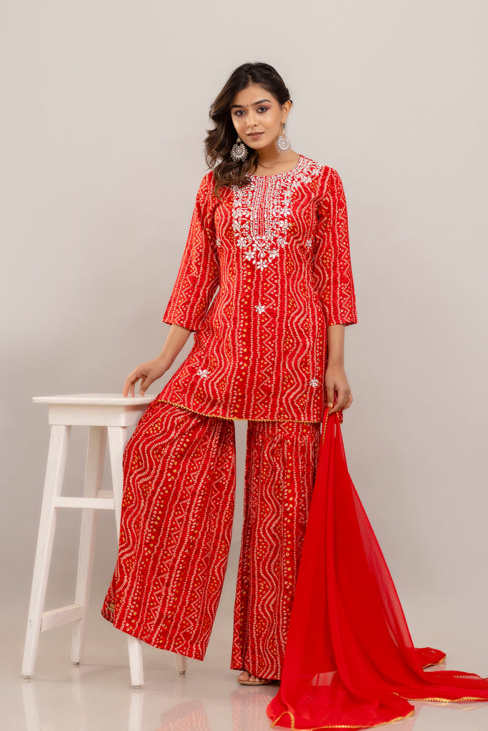 Bandhani Embroidered Rayon Red Sharara Set