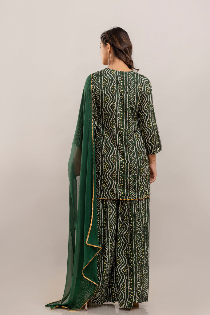 Bandhani Embroidered Rayon Green Sharara Set