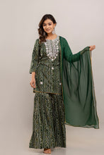 Load image into Gallery viewer, Bandhani Embroidered Rayon Green Sharara Set