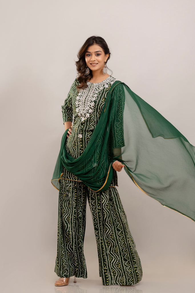 Bandhani Embroidered Rayon Green Sharara Set