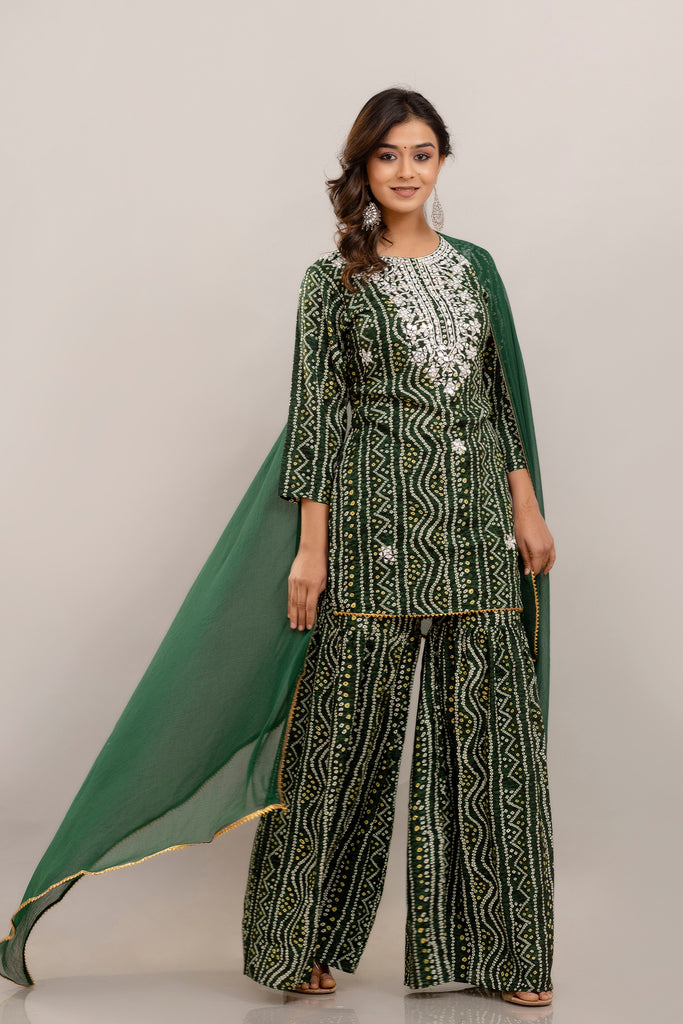 Bandhani Embroidered Rayon Green Sharara Set