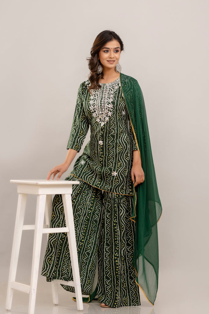 Bandhani Embroidered Rayon Green Sharara Set