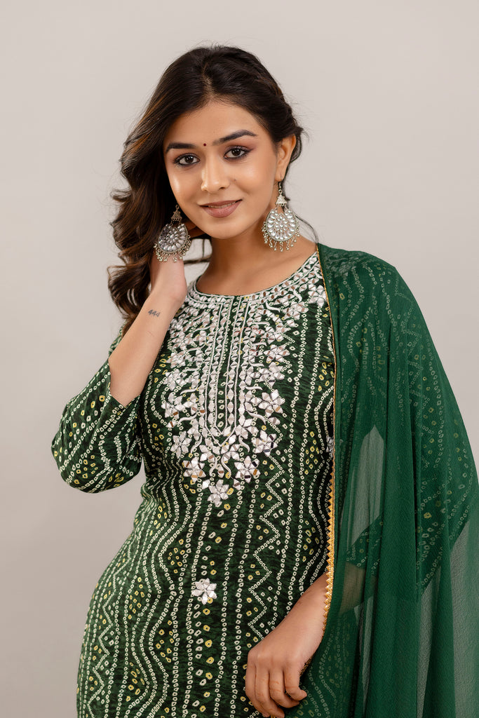 Bandhani Embroidered Rayon Green Sharara Set