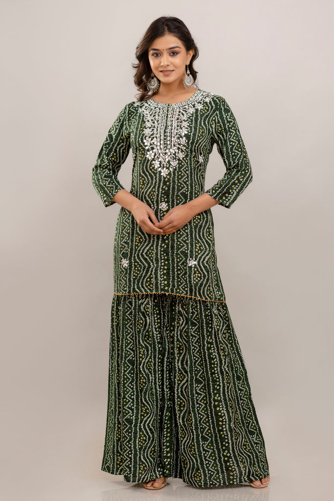 Bandhani Embroidered Rayon Green Sharara Set