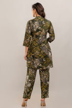 Load image into Gallery viewer, Embroidered Foil Printed Rayon Olive Green Co-ord Set