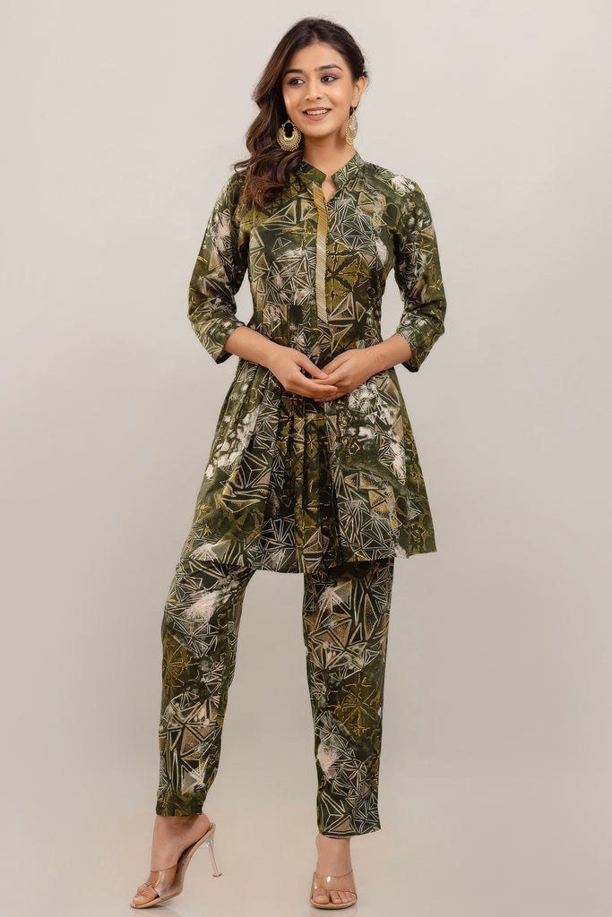 Embroidered Foil Printed Rayon Olive Green Co-ord Set