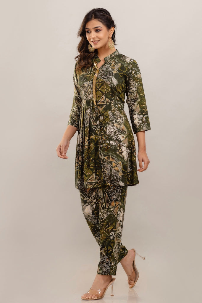 Embroidered Foil Printed Rayon Olive Green Co-ord Set