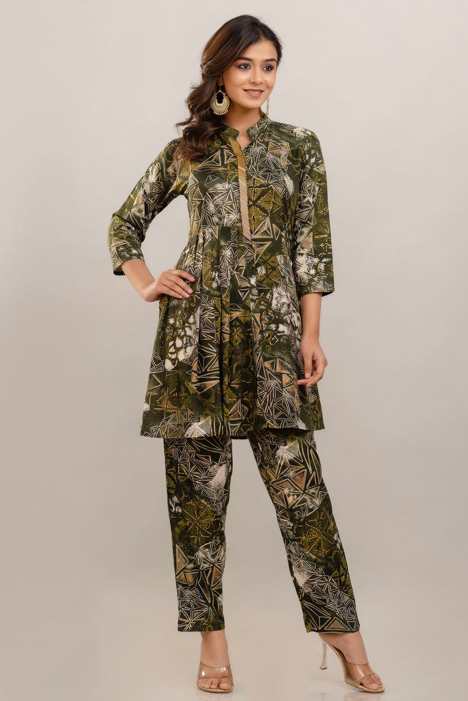 Embroidered Foil Printed Rayon Olive Green Co-ord Set