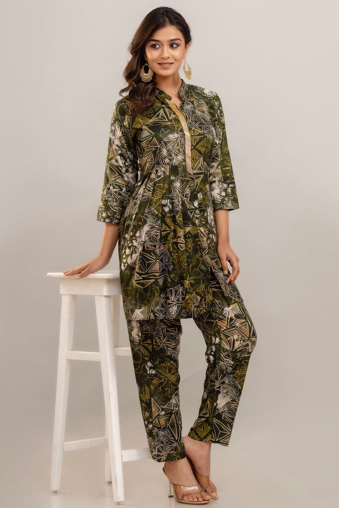 Embroidered Foil Printed Rayon Olive Green Co-ord Set