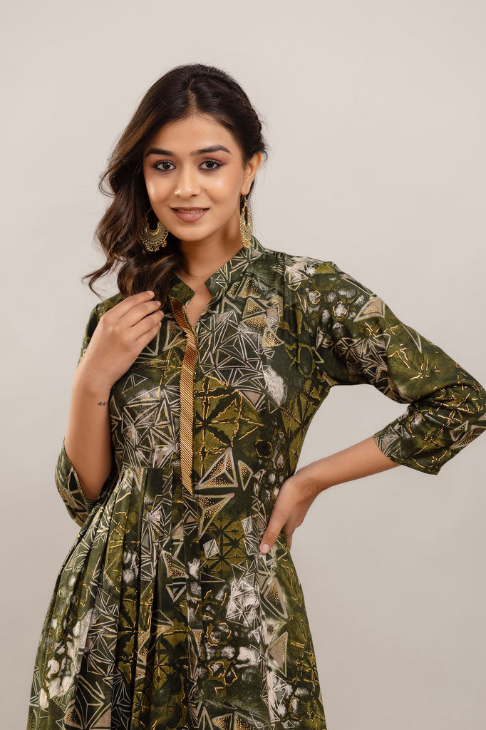 Embroidered Foil Printed Rayon Olive Green Co-ord Set