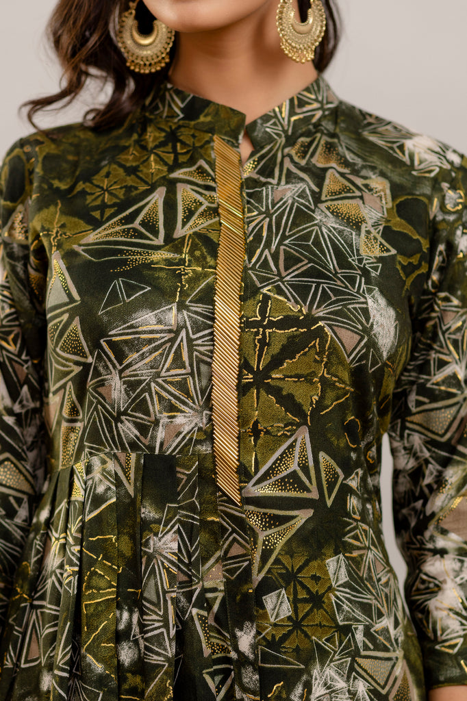 Embroidered Foil Printed Rayon Olive Green Co-ord Set