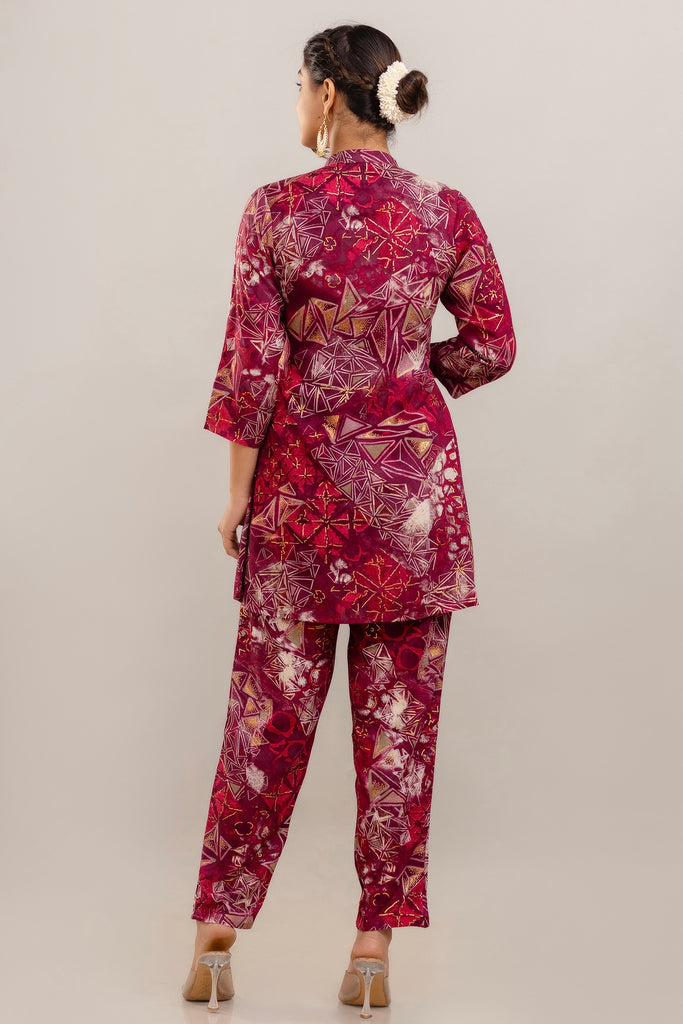 Embroidered Foil Printed Rayon Pink Co-ord Set