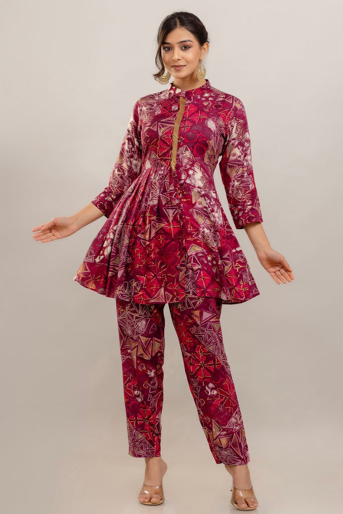 Embroidered Foil Printed Rayon Pink Co-ord Set