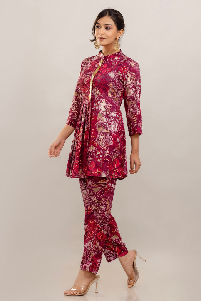 Embroidered Foil Printed Rayon Pink Co-ord Set