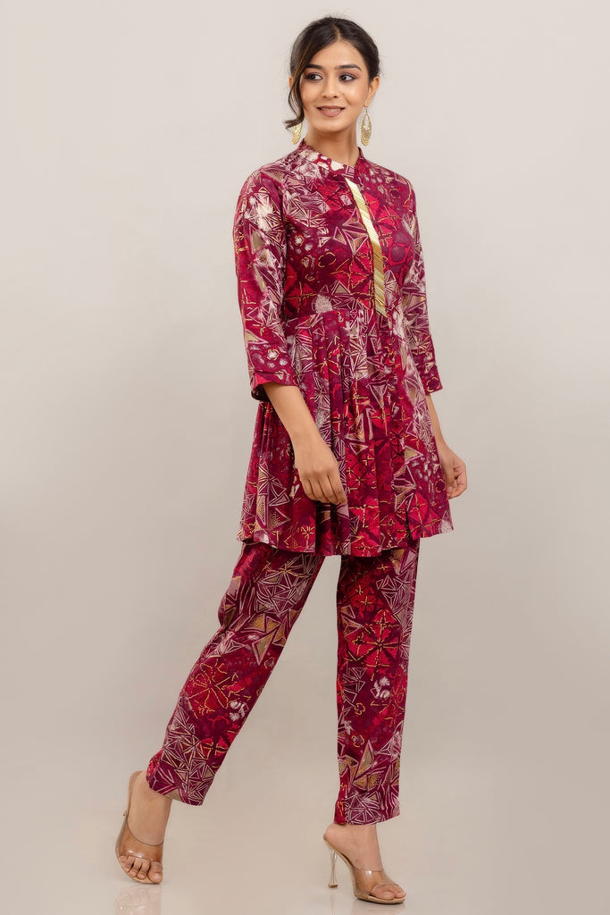 Embroidered Foil Printed Rayon Pink Co-ord Set