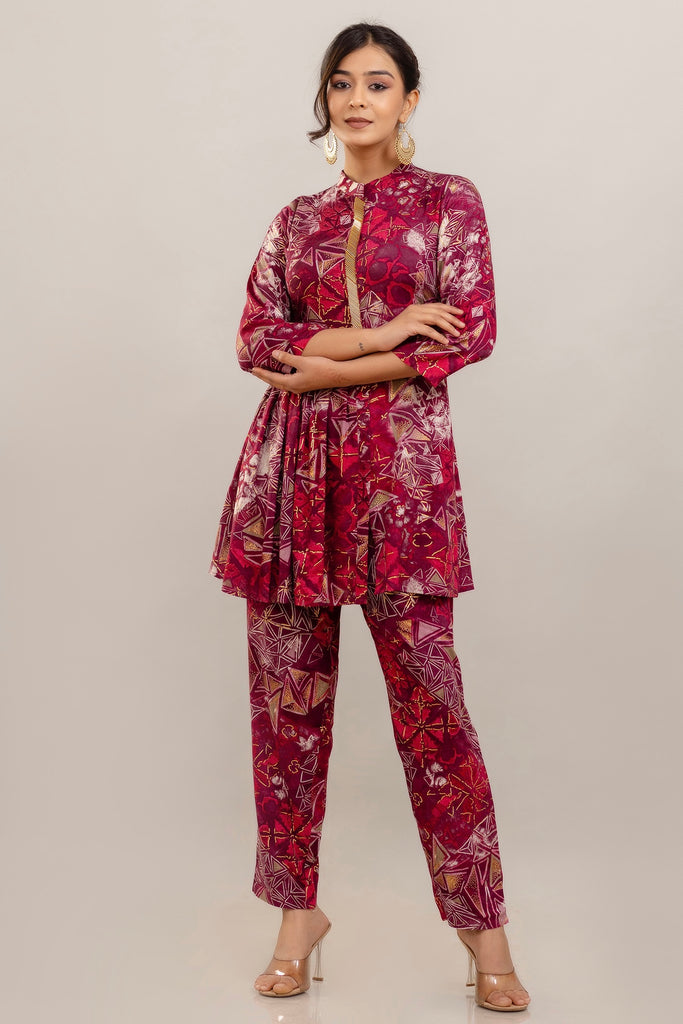 Embroidered Foil Printed Rayon Pink Co-ord Set