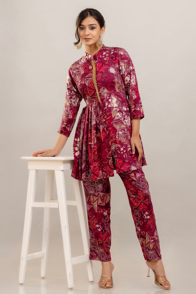 Embroidered Foil Printed Rayon Pink Co-ord Set