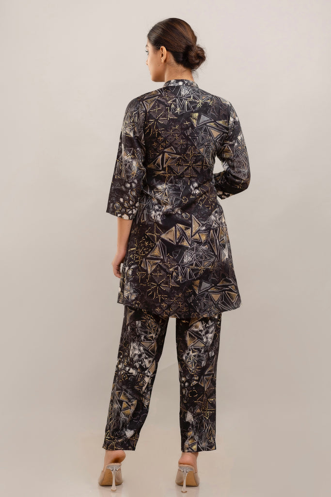 Embroidered Foil Printed Rayon Charcoal Black Co-ord Set