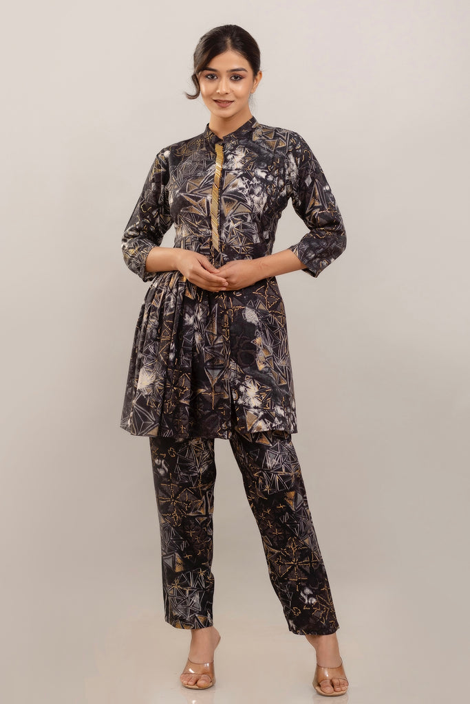 Embroidered Foil Printed Rayon Charcoal Black Co-ord Set