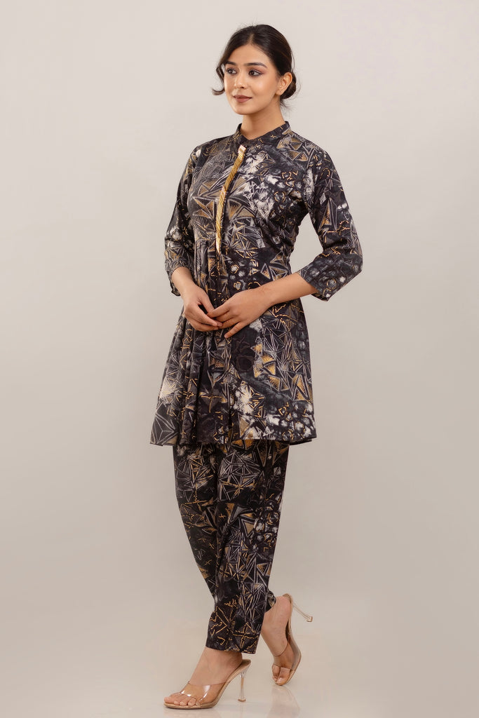 Embroidered Foil Printed Rayon Charcoal Black Co-ord Set