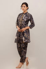 Load image into Gallery viewer, Embroidered Foil Printed Rayon Charcoal Black Co-ord Set