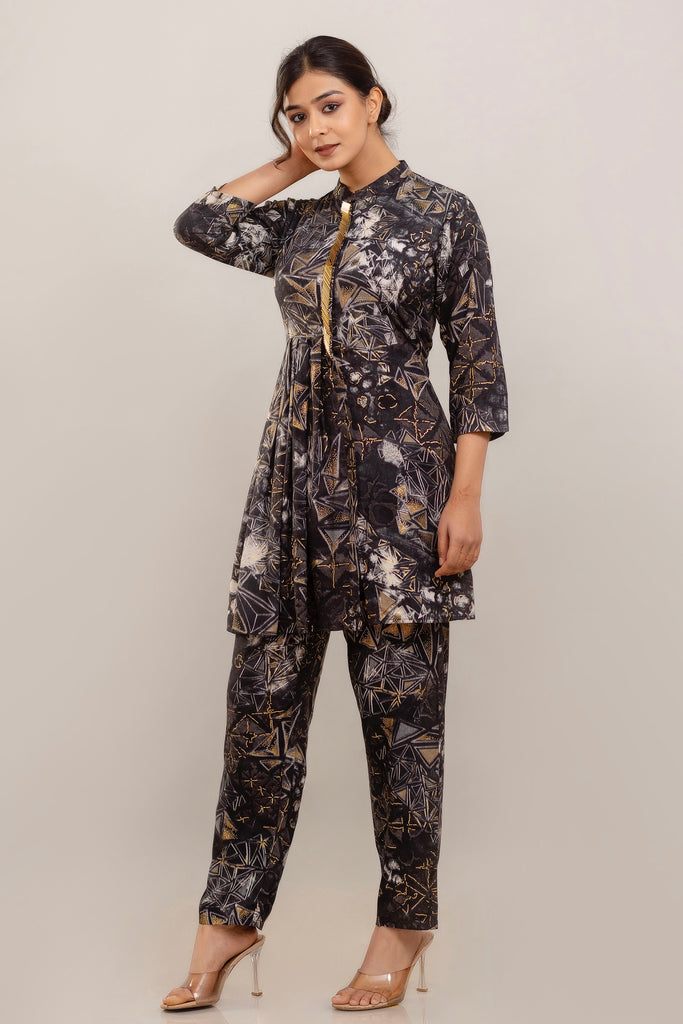 Embroidered Foil Printed Rayon Charcoal Black Co-ord Set