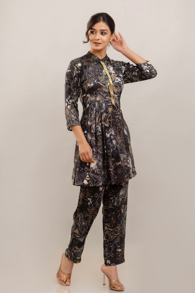 Embroidered Foil Printed Rayon Charcoal Black Co-ord Set