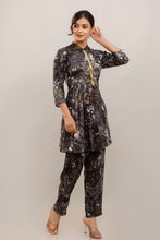 Load image into Gallery viewer, Embroidered Foil Printed Rayon Charcoal Black Co-ord Set