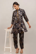 Load image into Gallery viewer, Embroidered Foil Printed Rayon Charcoal Black Co-ord Set