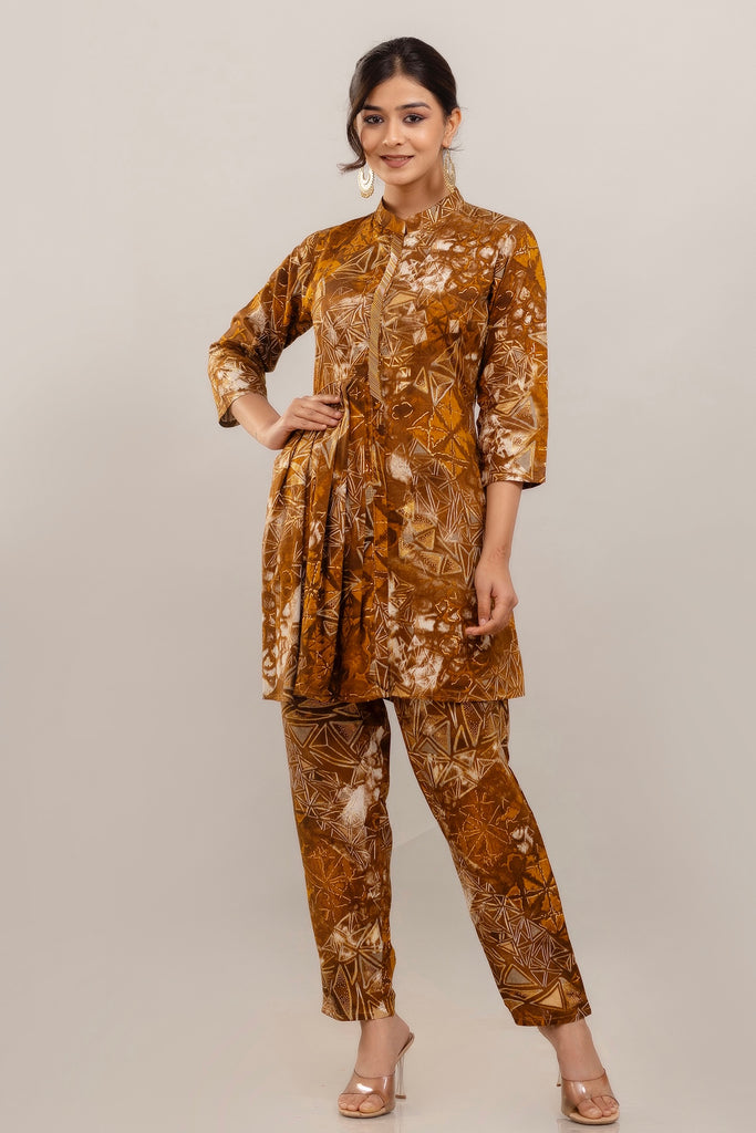 Embroidered Foil Printed Rayon Rust Brown Co-ord Set