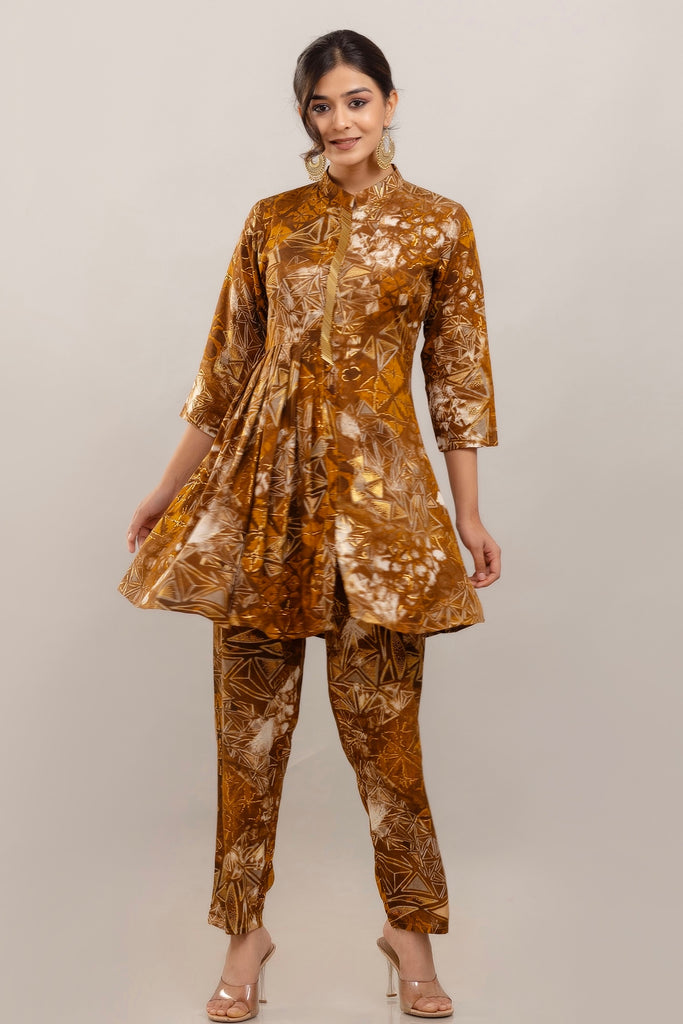 Embroidered Foil Printed Rayon Rust Brown Co-ord Set