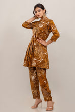 Load image into Gallery viewer, Embroidered Foil Printed Rayon Rust Brown Co-ord Set