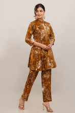 Load image into Gallery viewer, Embroidered Foil Printed Rayon Rust Brown Co-ord Set