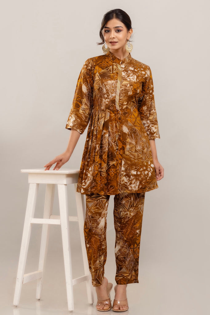 Embroidered Foil Printed Rayon Rust Brown Co-ord Set