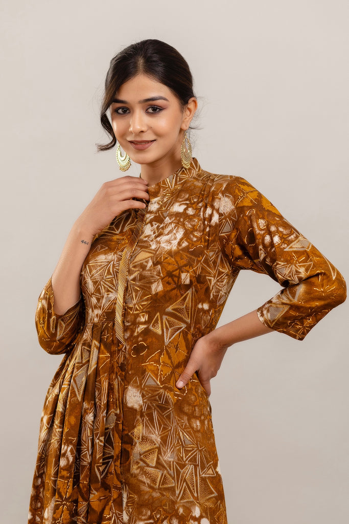 Embroidered Foil Printed Rayon Rust Brown Co-ord Set