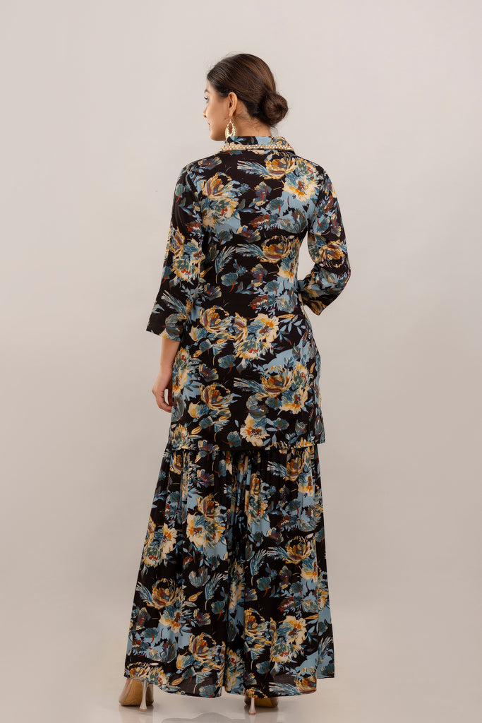 Embroidered Floral Printed Rayon Black Kurta and Sharara Set