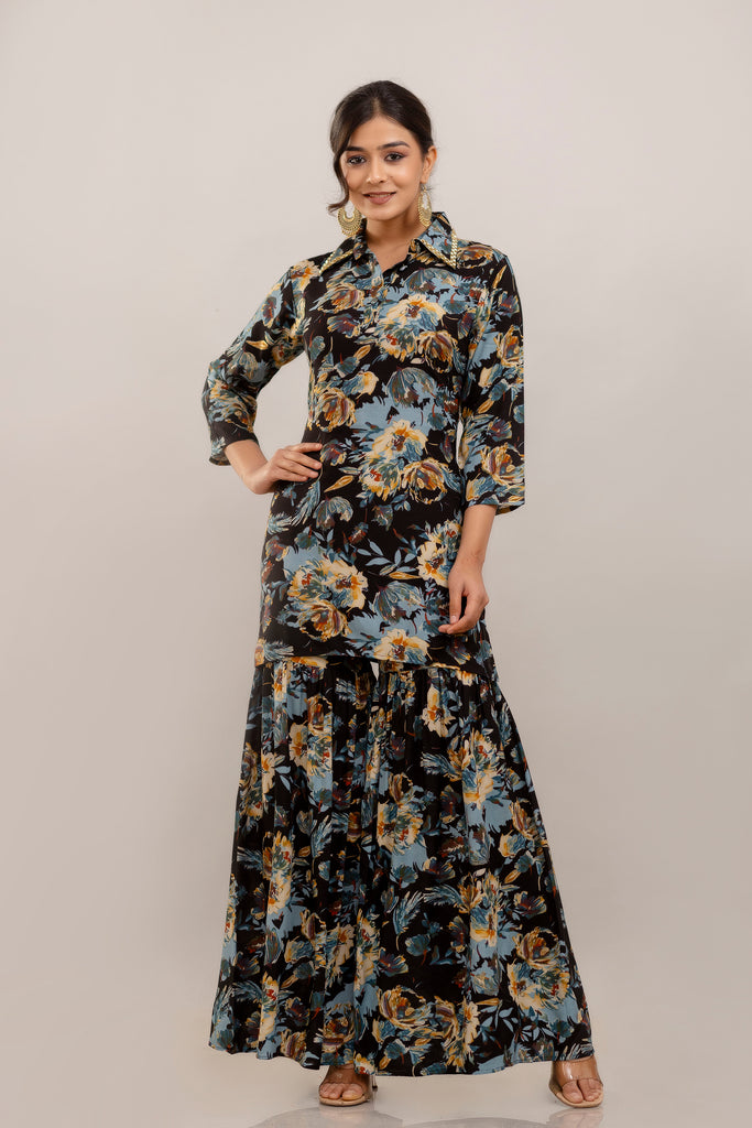 Embroidered Floral Printed Rayon Black Kurta and Sharara Set