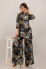 Load image into Gallery viewer, Embroidered Floral Printed Rayon Black Kurta and Sharara Set