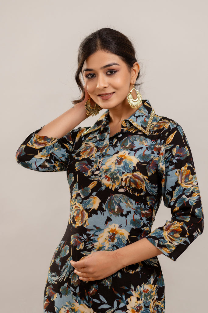 Embroidered Floral Printed Rayon Black Kurta and Sharara Set