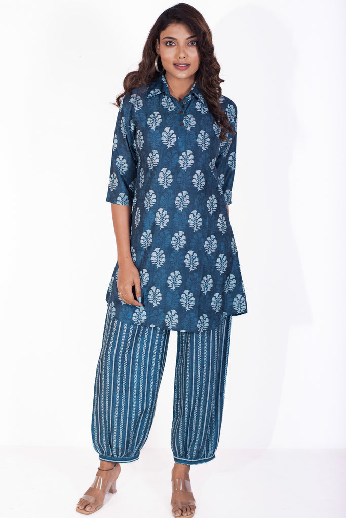 Butta Printed Dusky Blue Collared Muslin Coord Set