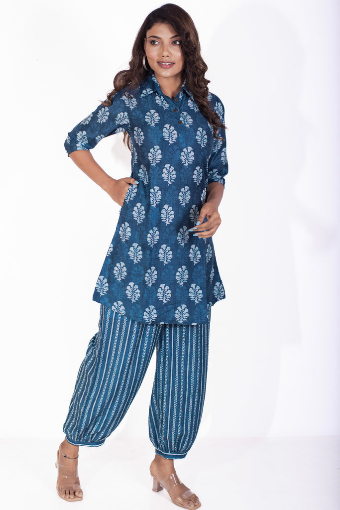 Butta Printed Dusky Blue Collared Muslin Coord Set