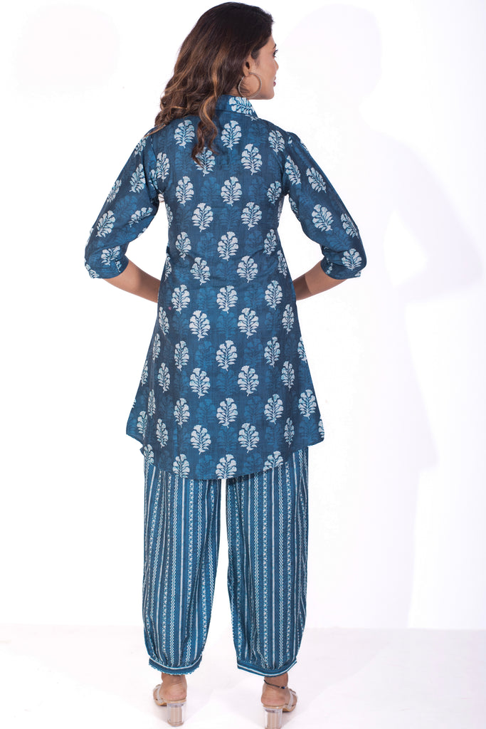 Butta Printed Dusky Blue Collared Muslin Coord Set