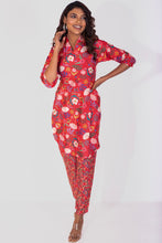 Load image into Gallery viewer, Vibrant Carmine Pink Blossom Collared Muslin Kurta Set