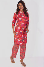 Load image into Gallery viewer, Vibrant Carmine Pink Blossom Collared Muslin Kurta Set