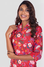 Load image into Gallery viewer, Vibrant Carmine Pink Blossom Collared Muslin Kurta Set