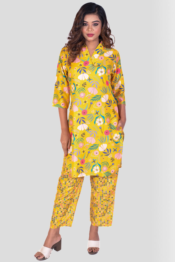 Vibrant Yellow Blossom Collared Muslin Kurta Set